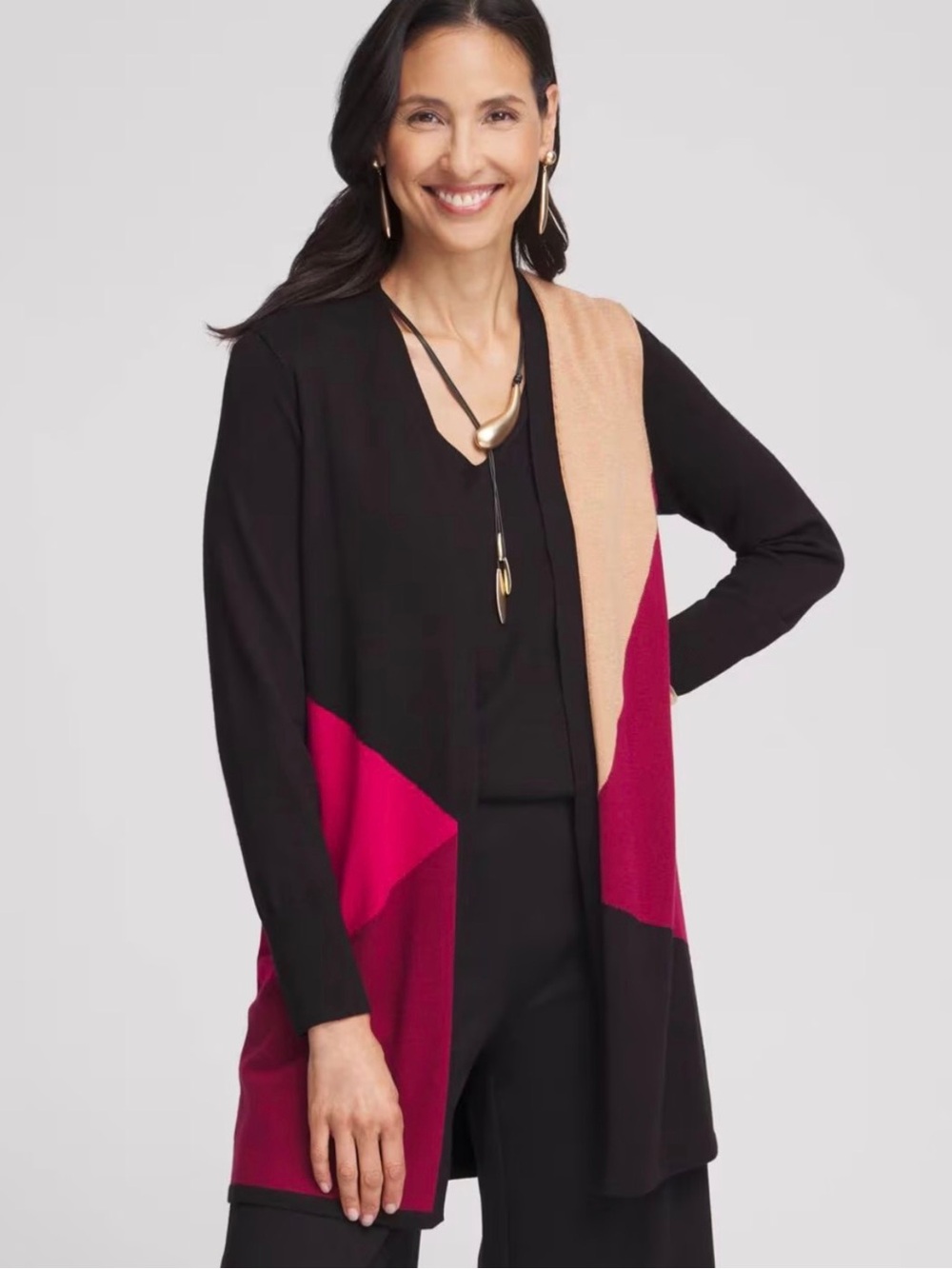 NWT Chico’s ColorBlock Open Front Long Cardigan Pinks Tan & Black Medium Chico 1